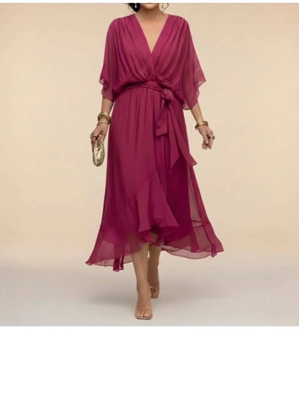 Elegant wrap,V-Neck Midi Dress with Waist Tie - BerryNWOT